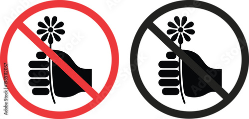 Two circular prohibition signs featuring a black silhouette of a hand holding a single flower with a red and a black diagonal slash line across the center on a plain white background