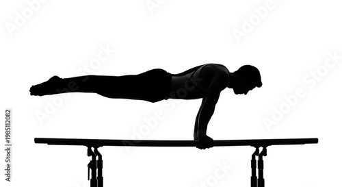 A man in a plank position on a balance beam in a gymnastics pose