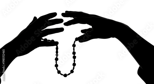 A silhouette of two hands holding a rosary against a white background