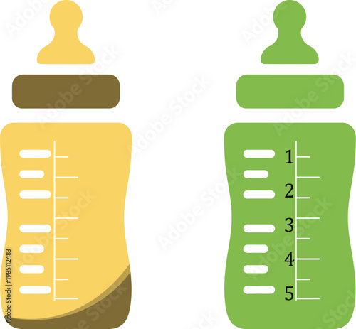 Two flat baby bottles one yellow and one green with measurement markings and silicone nipples isolated on a white background for infant feeding concepts