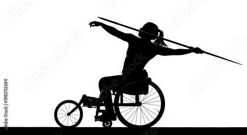 A silhouette of a disabled woman in a wheelchair practicing archery with a bow and arrow