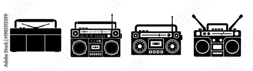 Vintage boombox radio collection: retro stereo systems and portable audio player vectors design