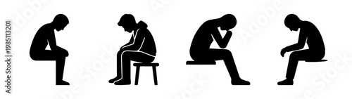 Illustration of people sitting in various poses expressing sadness and depression black and white art