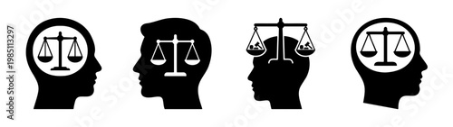 Justice scales in mind heads concept for legal balance and fair judgment representation idea vector