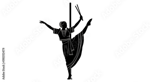 A black silhouette of a dancer in a traditional outfit performing a dramatic pose with a pole and sticks.
