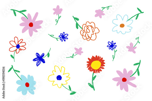 手描きカラフル花のかわいいパターン背景 ナチュラル北欧風フラワーイラスト