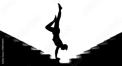 A woman performs a handstand on stairs in a minimalist silhouette vector graphic