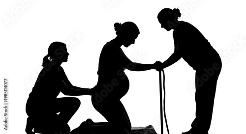 A vector graphic illustration of three women supporting a pregnant woman in a birthing position