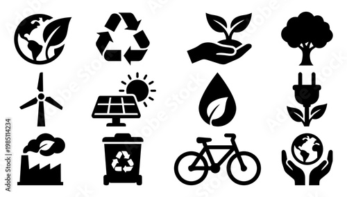 Ecology Icon Set Sustainability Environment Renewable Energy Silhouettes