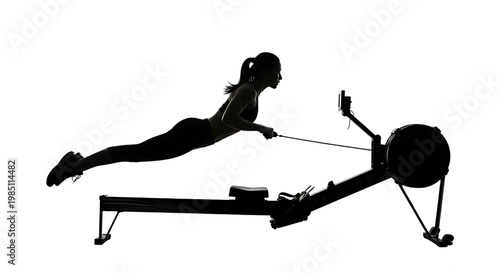 A woman in a dynamic pose exercising on a rowing machine in a vector graphic silhouette