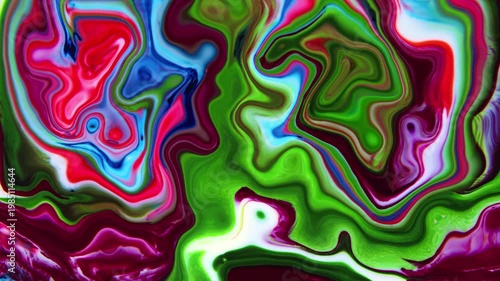Vibrant psychedelic liquid background with colorful green, pink, and red swirls. Dynamic fluid art texture ideal for creative media projects, music visuals, and modern motion design backgrounds.