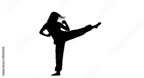 A black silhouette of a woman performing a karate kick on a white background