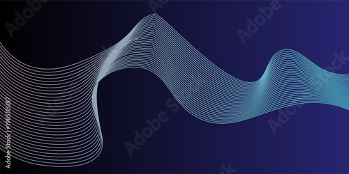 Abstract horizontal background with blue gradient wave lines. Minimalistic back creating dynamic visual effect. Trendy volumetric 3d stripes design on
