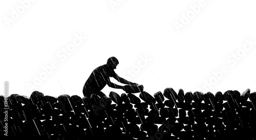 A black silhouette of a man planting a seedling among many others in the ground