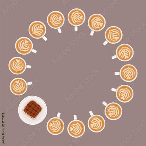Cappuccino and tiramisu circle frame vector food illustration. Hand drawn cartoon wreath with cake and coffee cream foam. Sweet dessert for cafe logo or menu design. Perfect for product packaging.