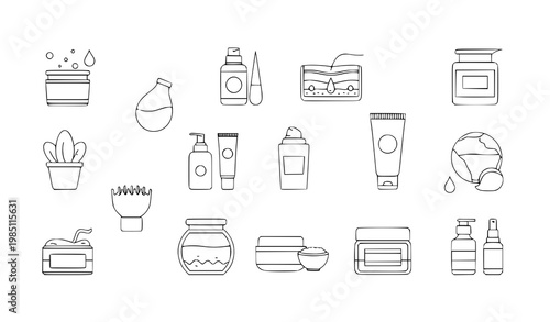A set of minimalist icons representing various beauty and skincare products