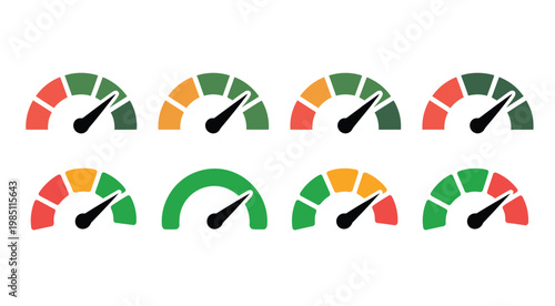 Set of eight colorful speedometer with black needles indicating different levels on semicircular gauges featuring red orange and green segments isolated on a white background