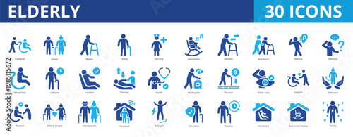 Elderly icon pack collection set for healthcare and medical. With caregiver, nursing, retirement, mobility, assistance, hearing, therapy, health, eldercare, healthcare, disability, insurance, patient