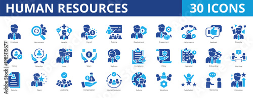 Human resources icon pack collection set for employee recruitment and job vacancy. With benefit, leadership, training, development, engagement, performance, feedback, diversity, hiring, consulting