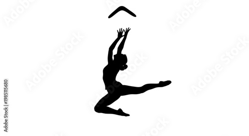 A dynamic silhouette of a gymnast in mid-air, performing a graceful leap with a chevron above her.