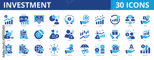 Investment icon pack collection set for business and financial planning. With stock market, portfolio, equity, saving, capital, growth, return, dividend, asset, wealth, risk, share, fund, investor