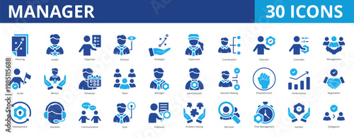 Manager icon pack collection set for business management and leadership organization. With planning, leader, organization, director, coordination, control, empowerment, productivity, team, delegation