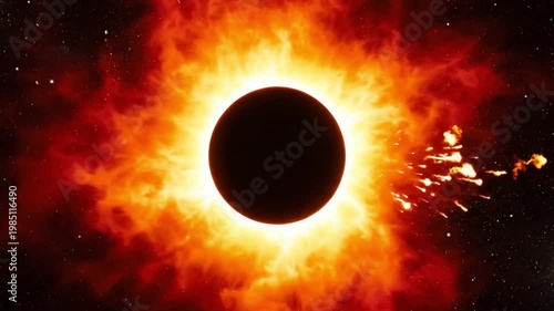 A dramatic artistic representation of a solar eclipse with a dark moon silhouette surrounded by a glowing fiery corona in deep space