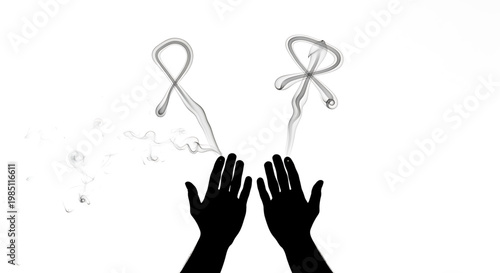 A minimalist vector graphic of two hands releasing smoke ribbons into the air