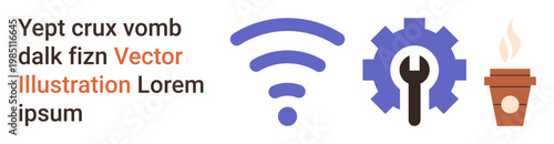 Technology, connectivity, repair, internet access, productivity, innovation. wireless signal, gear with wrench and coffee cup symbols. Technology and connectivity in professional settings