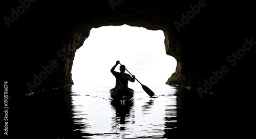 A person kayaking through a dark cave towards a bright exit