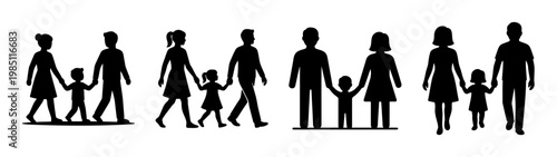 Family silhouette vector art: parents and children holding hands, family love and togetherness art