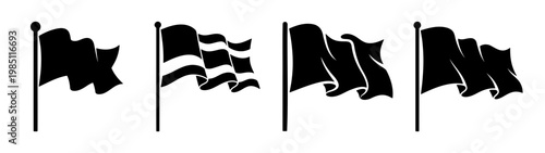 Vector black flag illustration set waving in wind on flagpole symbol of protest and anarchy icon