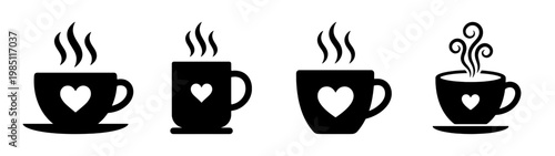 Silhouette coffee mugs with hearts vector art for cafe menu design and valentine's day cards