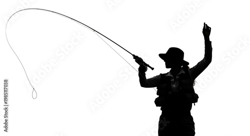 A silhouette of a person fishing with a rod and reel in a dynamic pose