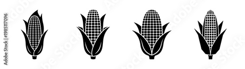 Corn vector illustration: black and white corn cobs with husks for agriculture and food design use