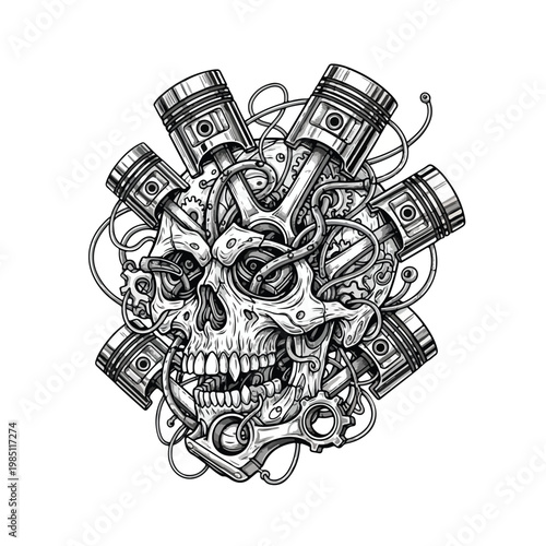 Intricate black and white illustration of a mechanical demon skull motor assembled from pistons, gears, and engine parts, set against a stark white background