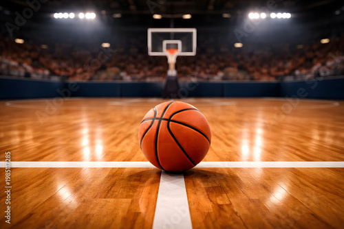 Basketball on center line of polished indoor court with hoop in background