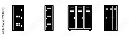 Find metal storage lockers for school gym or employee locker room black and white vector illustration