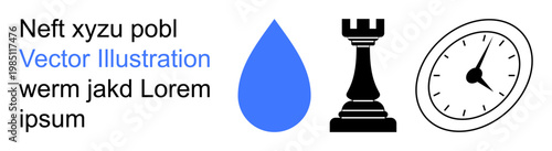 Time management, strategic planning, resources conservation, decision-making, business concepts, and creativity. Blue water drop, black chess rook and analog clock elements. Strategy and time
