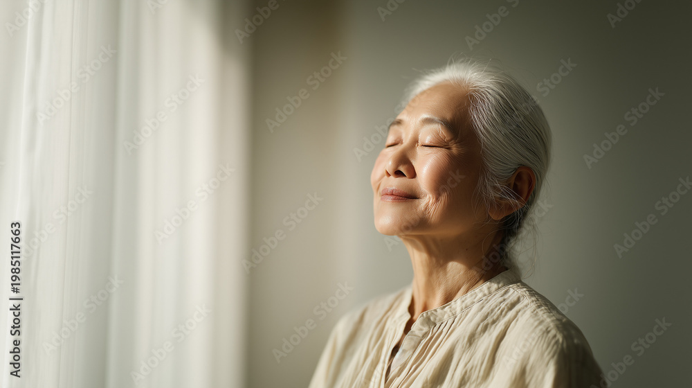 Fototapeta premium Radiant Senior Asian Woman with Silver Hair Smiling Peacefully in Sunlit Room