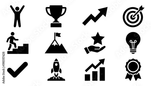 Success Icon Set Achievement Growth Goal Business Silhouette Collection