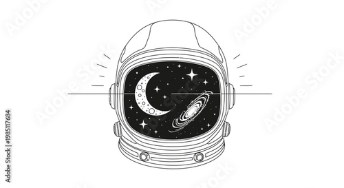 Astronaut Helmet Reflecting Cosmic Galaxy, Moon, and Stars