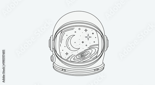 Astronaut helmet reflecting outer space with moon and stars, minimalist line art.