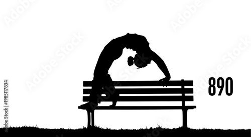 A vector graphic illustration of a person doing yoga on a park bench in a serene outdoor setting