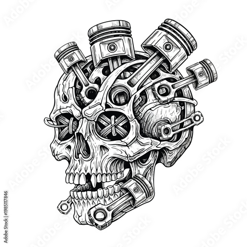 Intricate black and white illustration of a mechanical demon skull motor with integrated pistons, conveying a dark, powerful, and industrial aesthetic against a stark background