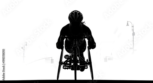 A silhouette of a person in a wheelchair racing on a track with a cityscape in the background