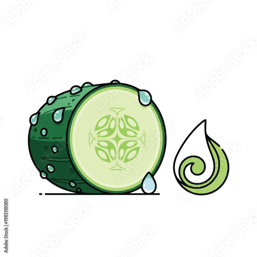 Cucumber Slice with Water Droplets Illustration.