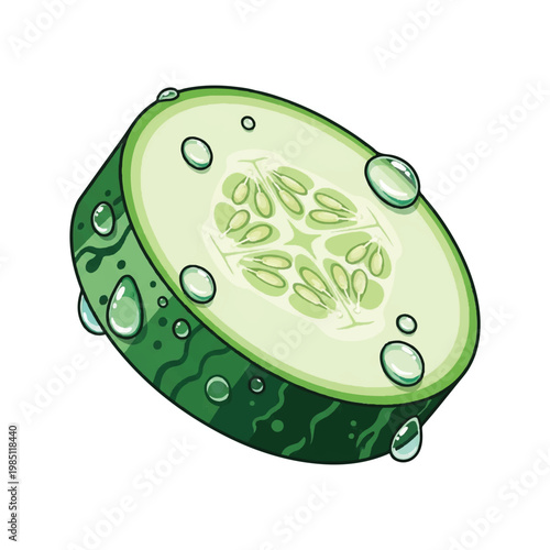Fresh Cucumber Slice with Water Droplets.