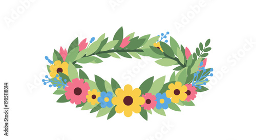 Wallpaper Mural Floral Wreath With Colorful Flowers and Green Leaves, Isolated on White Torontodigital.ca