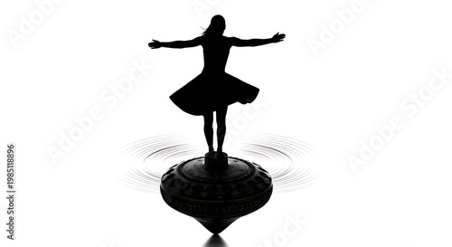 A silhouette of a woman standing on a spinning top with her arms outstretched in a dynamic pose